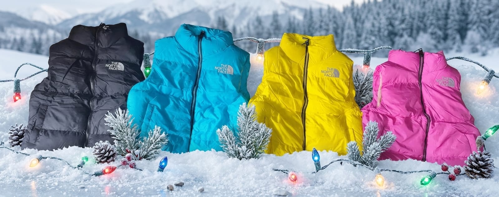 Chalecos de colores negro, azul, amarillo y rosa sobre nieve